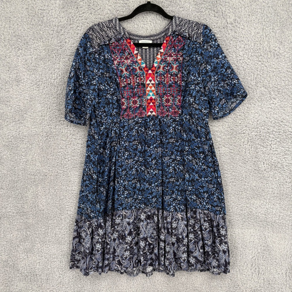 Sundance Talulah Embroidered Tiered Dress Size S Petite Blue Short Sleeve Pocket